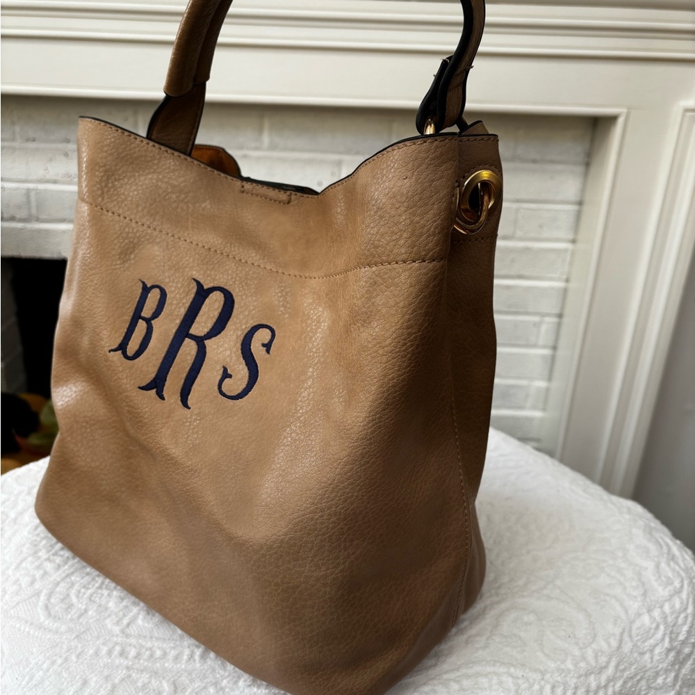Monogrammed Elegant Tan Leather Tote Bag with gold accents